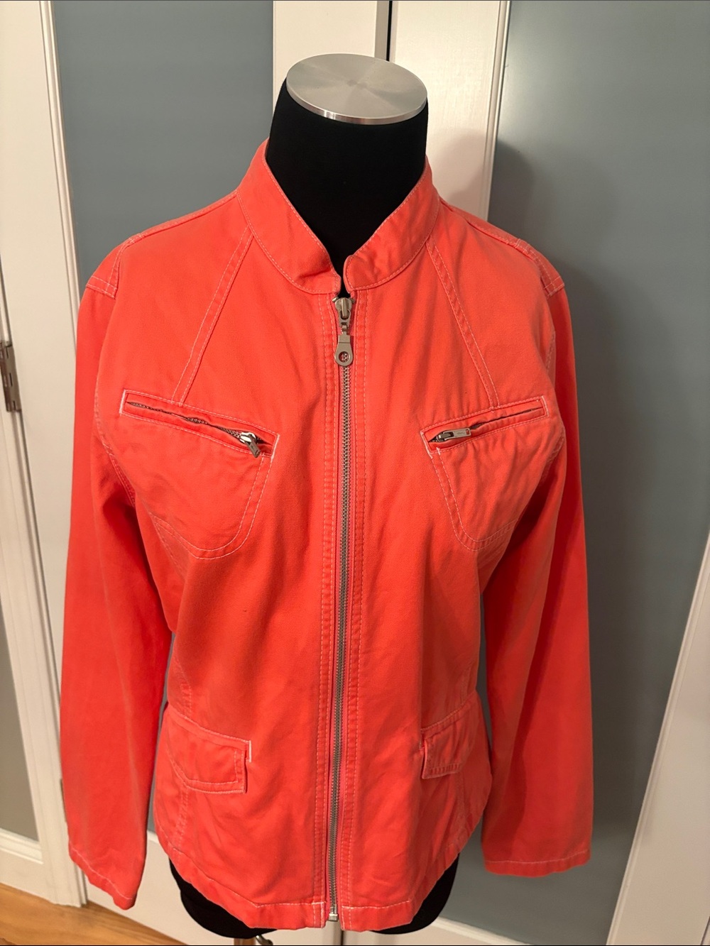 French Cuff Bright Coral Orange Zip-Front Utility Jacket 100% Cotton